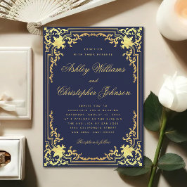 Convites Casamento de Script Elegante Dourado  Azul Faux Fa