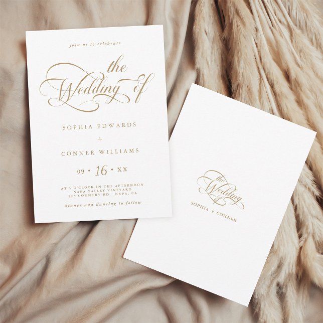 Convites Casamento de Script Elegante Dourado e Branco (Front & Back)
