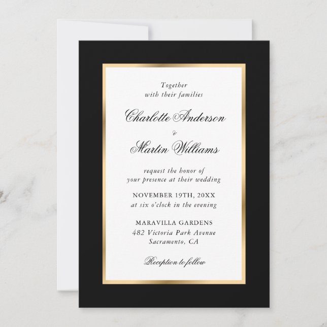 Convites Casamento de Script Elegante Dourado Preto (Frente)