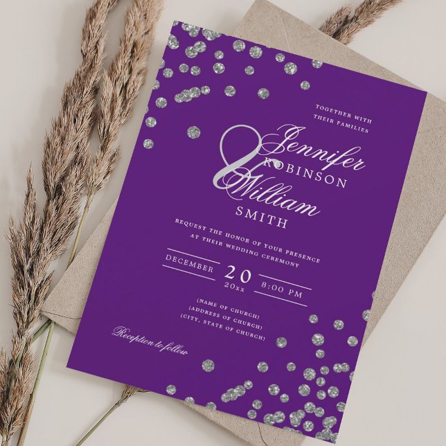 Convites Casamento de Script Elegante Prata Confetti QR Rox (Elegant Script Wedding Silver Confetti QR Purple Invitation)