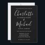 Convites Casamento De Script Elegante Preto E Branco<br><div class="desc">Apresentando nomes de estilo de assinatura,  este elegante convite de casamento preto e branco pode ser personalizado com suas informações em caracteres brancos. Projetado por Thisnotme©</div>