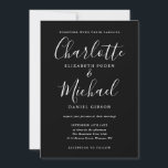 Convites Casamento De Script Elegante Preto E Branco<br><div class="desc">Apresentando nomes de estilo de assinatura,  este elegante convite de casamento preto e branco pode ser personalizado com suas informações em caracteres brancos. Projetado por Thisnotme©</div>