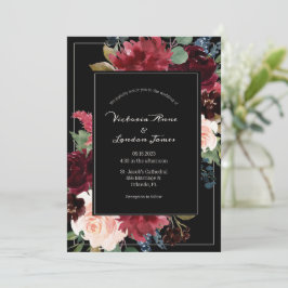 Convites Casamento de Script Elegante Preto-Negro Blush Flo