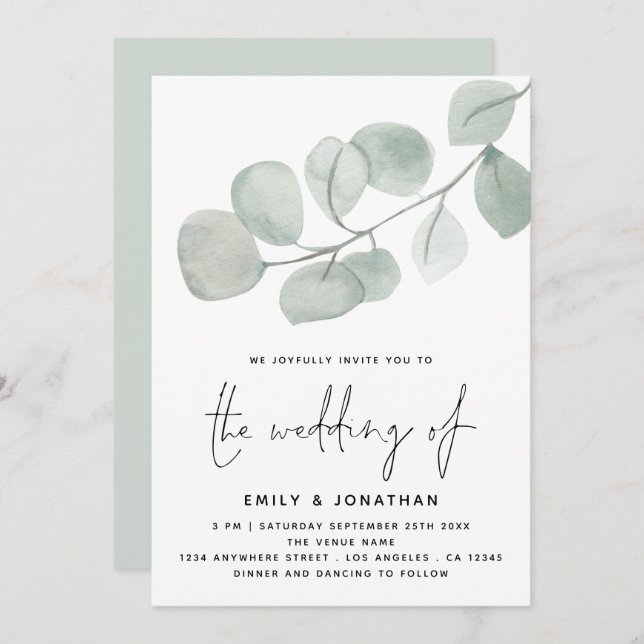 Convites Casamento de Script Eucalyptus Artsy Watercolor (Frente/Verso)