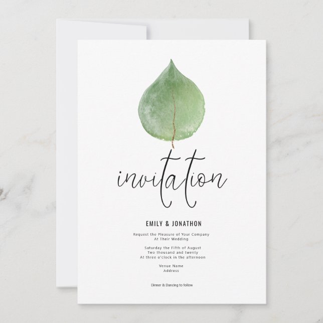 Convites Casamento de Script Eucalyptus Leaf Verde Elegante (Frente)
