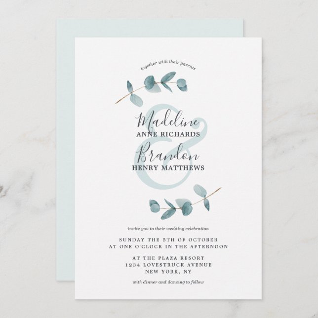 Convites Casamento de Script Eucalyptus Wreath, Moderno Amp (Frente/Verso)