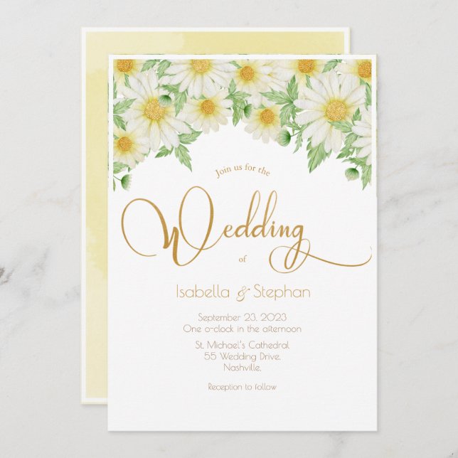 Convites Casamento de Script Floral Amarelo Branco da Daisi (Frente/Verso)