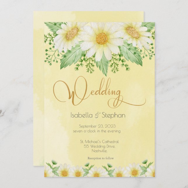 Convites Casamento de Script Floral Amarelo Branco da Daisi (Frente/Verso)