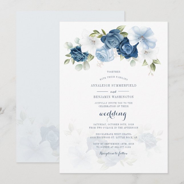 Convites Casamento de Script Floral Azul Dusty Botânico Mod (Frente/Verso)
