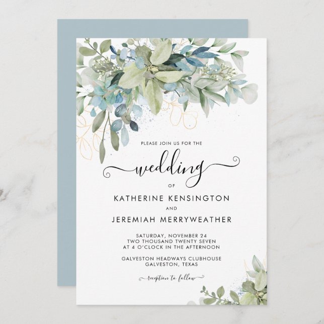 Convites Casamento de Script Floral Azul Elegante Dusty (Frente/Verso)