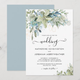 Convites Casamento de Script Floral Azul Elegante Dusty