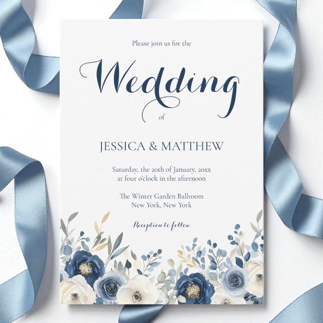 Convites Casamento de Script Floral Azul Marinho de Aquarel (Elegant Watercolor Navy Blue Floral Script Wedding Invitation)