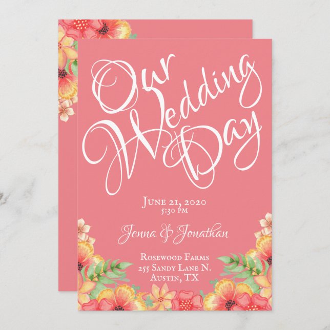 Convites Casamento de Script Floral bonito Coral Peach (Frente/Verso)