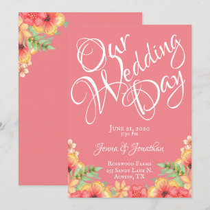 Convites Casamento de Script Floral bonito Coral Peach