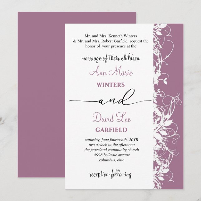 Convites Casamento de Script Floral Branco Elegante e Moder (Frente/Verso)