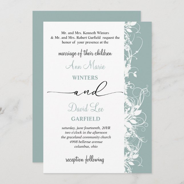 Convites Casamento de Script Floral Branco Elegante e Moder (Frente/Verso)
