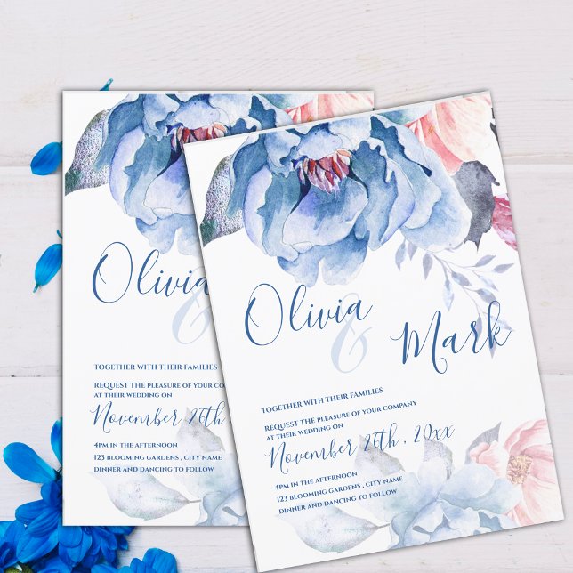 Convites Casamento de Script Floral Cuta Floral de Pêssego  (Watercolor Blue Peach Floral Cute Script Wedding Invitation)