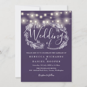 Convites Casamento de Script Floral das Luzes de Corda Roxa