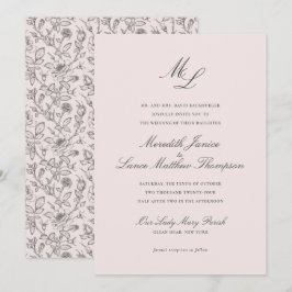 Convites Casamento de Script Floral de Blush de Monograma E
