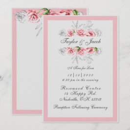 Convites Casamento de Script Floral de Cinza Rosa Elegante