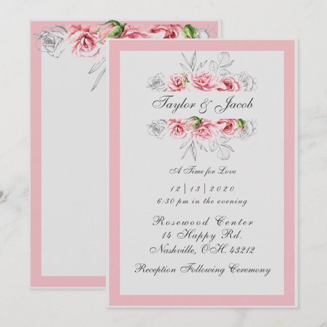 Convites Casamento de Script Floral de Cinza Rosa Elegante (Frente/Verso)