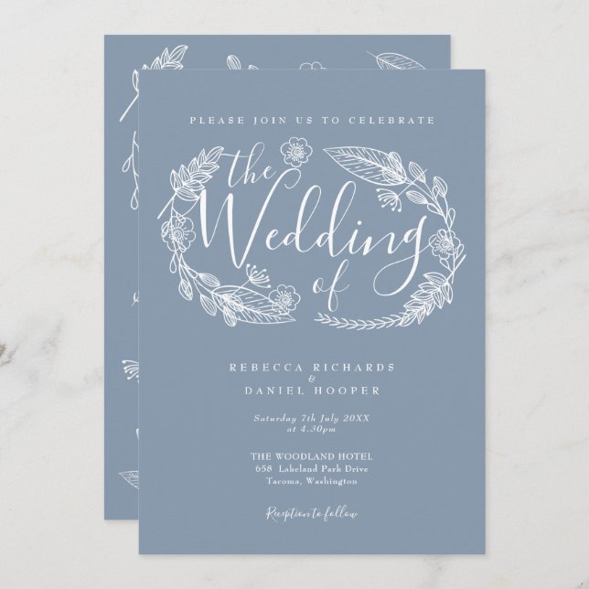 Convites Casamento de Script Floral de Dusty Blue Rustic, d (Frente/Verso)