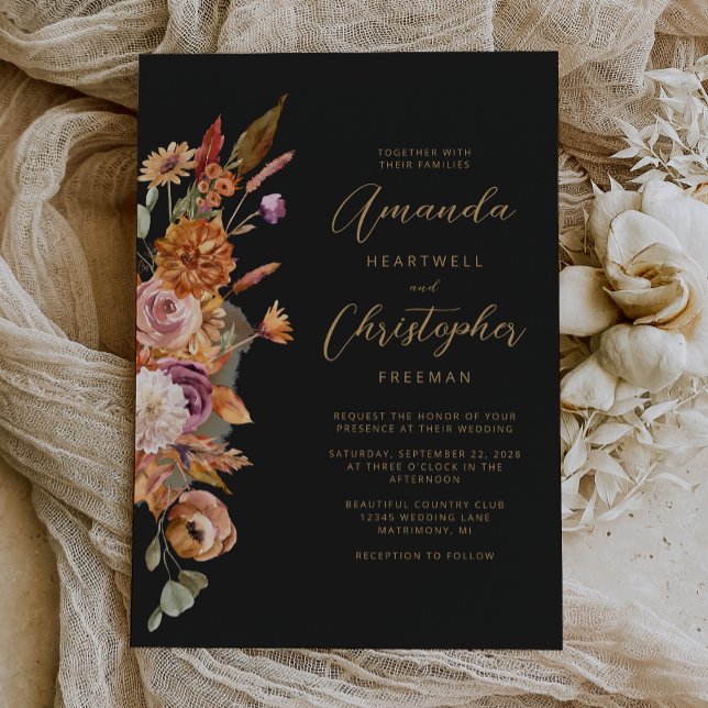 Convites Casamento de Script Floral de Outono Escuro (Criador carregado)