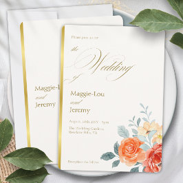 Convites Casamento de Script Floral Dourado Elegante