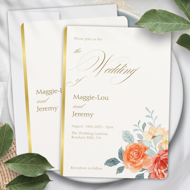 Convites Casamento de Script Floral Dourado Elegante (Criador carregado)