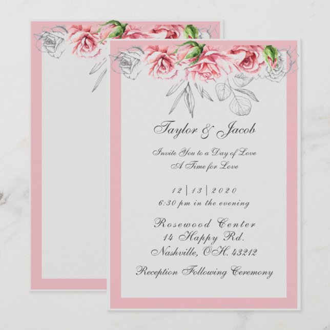 Convites Casamento de Script Floral Elegante Rosa e Cinza (Frente/Verso)