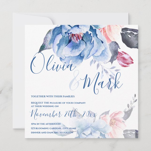 Convites Casamento de Script Floral Floral Azul Pêssego de  (Frente)