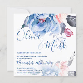 Convites Casamento de Script Floral Floral Azul Pêssego de