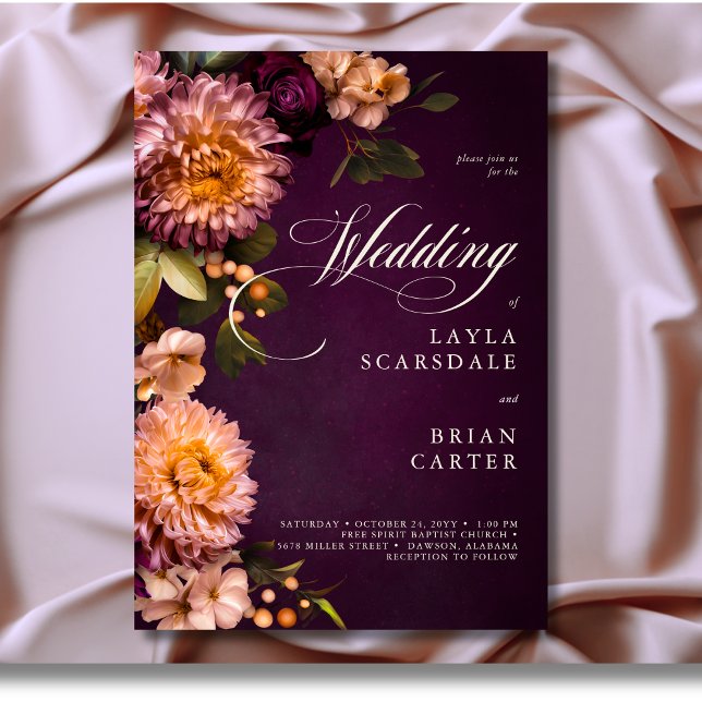 Convites Casamento de Script Floral Floral Elegante Burgund (Elegant Burgundy Moody Floral Script Wedding Invitation)