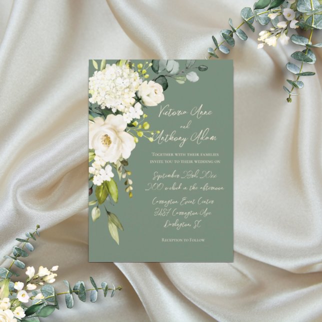 Convites Casamento de Script Floral Floral Floral Verde Ele (Criador carregado)