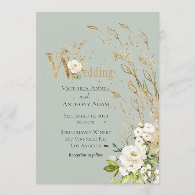 Convites Casamento de Script Floral Floral Verde Elegante (Frente)
