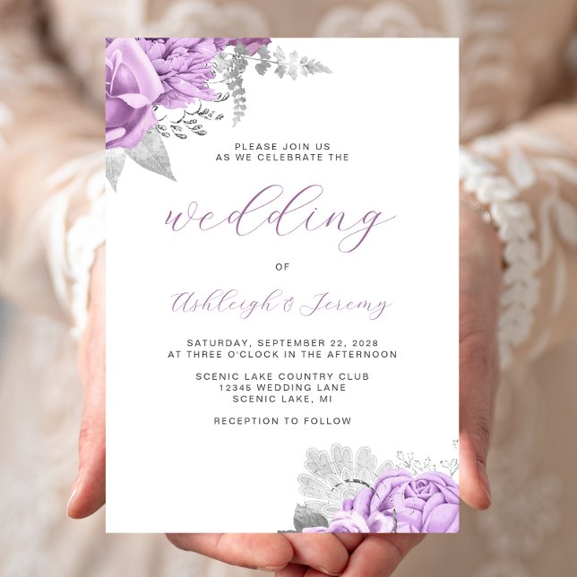 Convites Casamento de Script Floral Lilac Silver Elegante (Criador carregado)