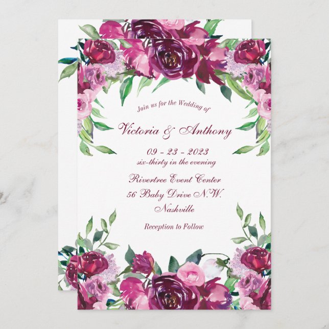 Convites Casamento de Script Floral Rosa Elegante (Frente/Verso)