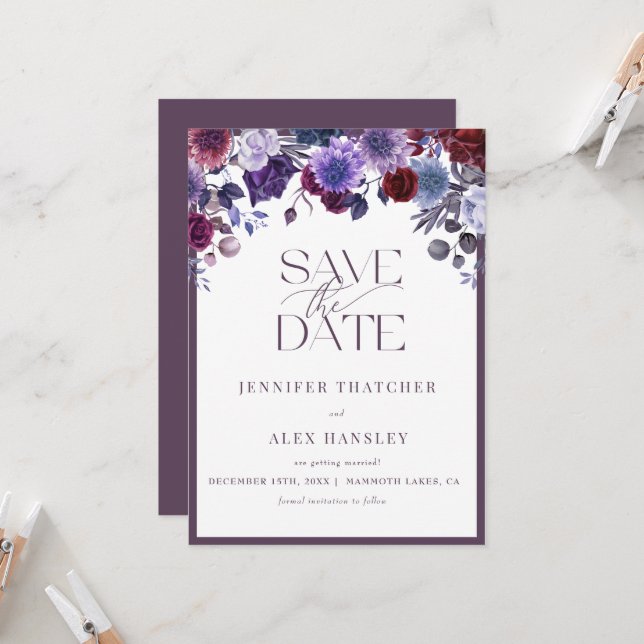 Convites Casamento de Script Floral Roxo Salve a Data (Frente/Verso In Situ)