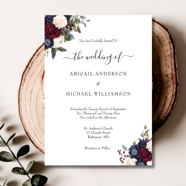 Convites Casamento de Script Formal Elegante Floral Elegant (Burgundy Navy Floral Elegant Traditional Script font Wedding Invitation)