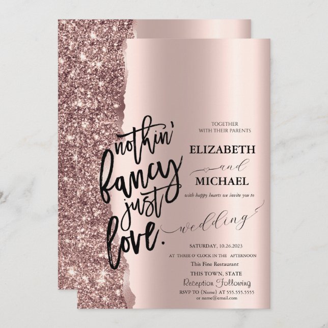 Convites Casamento de Script Glitter Dourado Elegante Rosa (Frente/Verso)