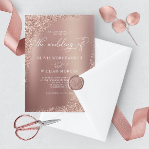 Convites Casamento de Script Glitter Dourado Elegante Rosa