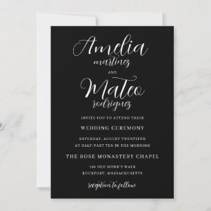 Convites Casamento de Script Minimalista Branco Negro