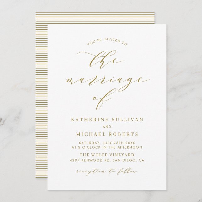 Convites Casamento de Script Minimalista Dourado (Frente/Verso)