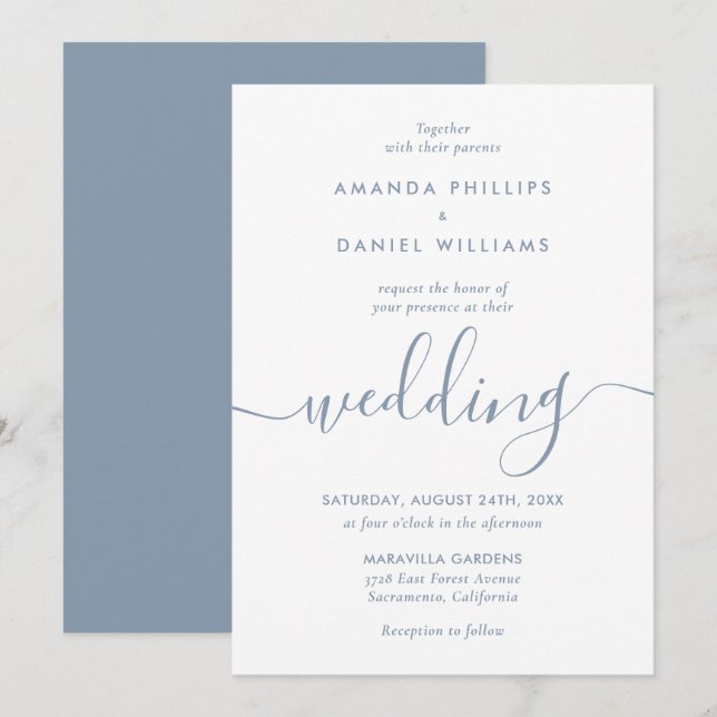 Convites Casamento de Script Moderno Azul Dusty Elegante Si (Frente/Verso)