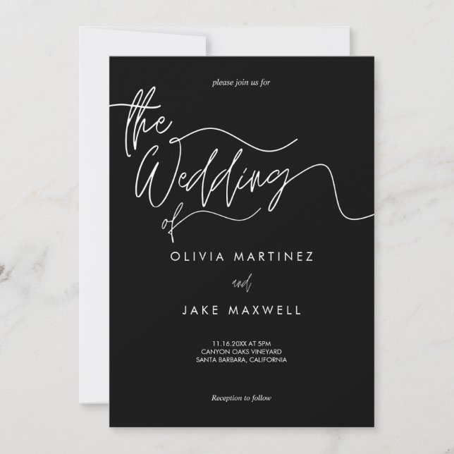 Convites Casamento de Script Moderno Branco e Preto Chic (Frente)