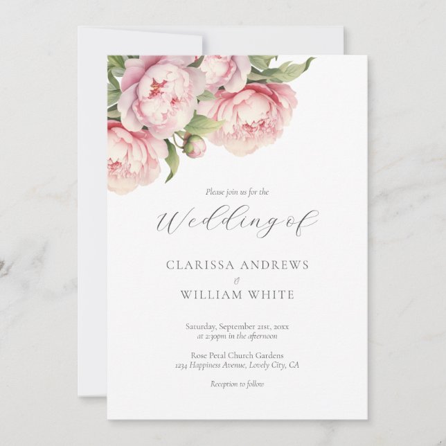 Convites Casamento de Script Moderno Branco Floral Blush (Frente)