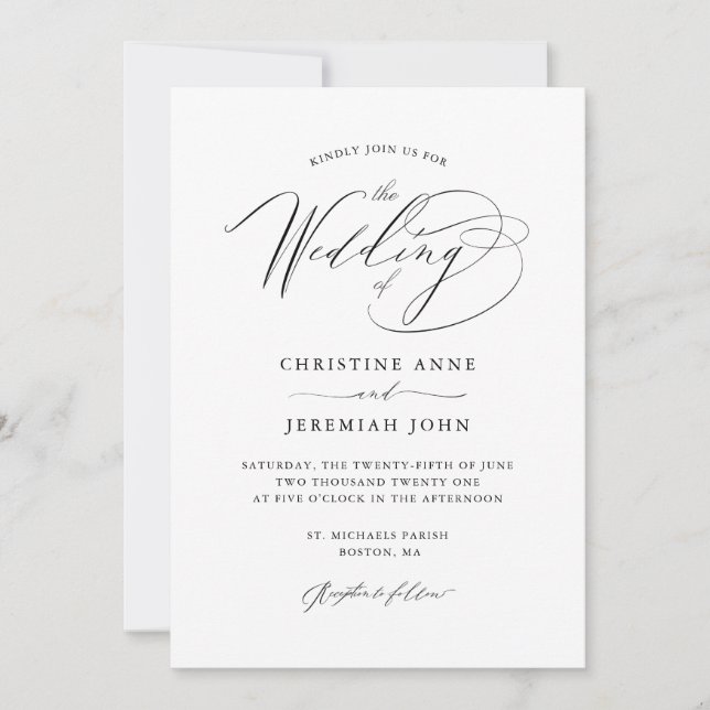 Convites Casamento de Script Moderno Branco Negro Simples (Frente)