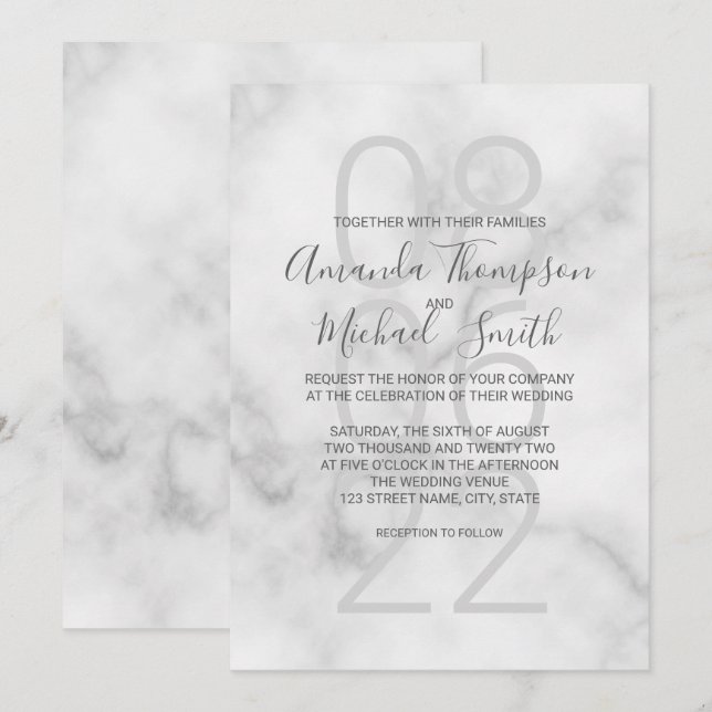 Convites Casamento de Script Moderno Clássico Marble (Frente/Verso)