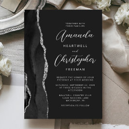 Convites Casamento de Script Moderno da Agata de Prata Negr