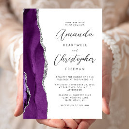 Convites Casamento de Script Moderno de Agato de Prata Roxo